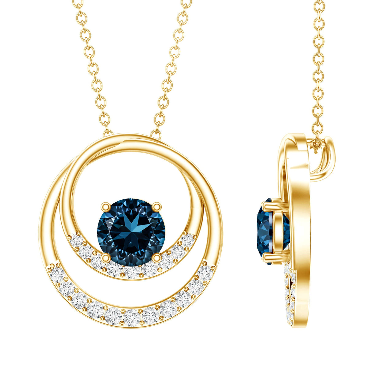 Round London Blue Topaz and Diamond Interlocking Circle Necklace