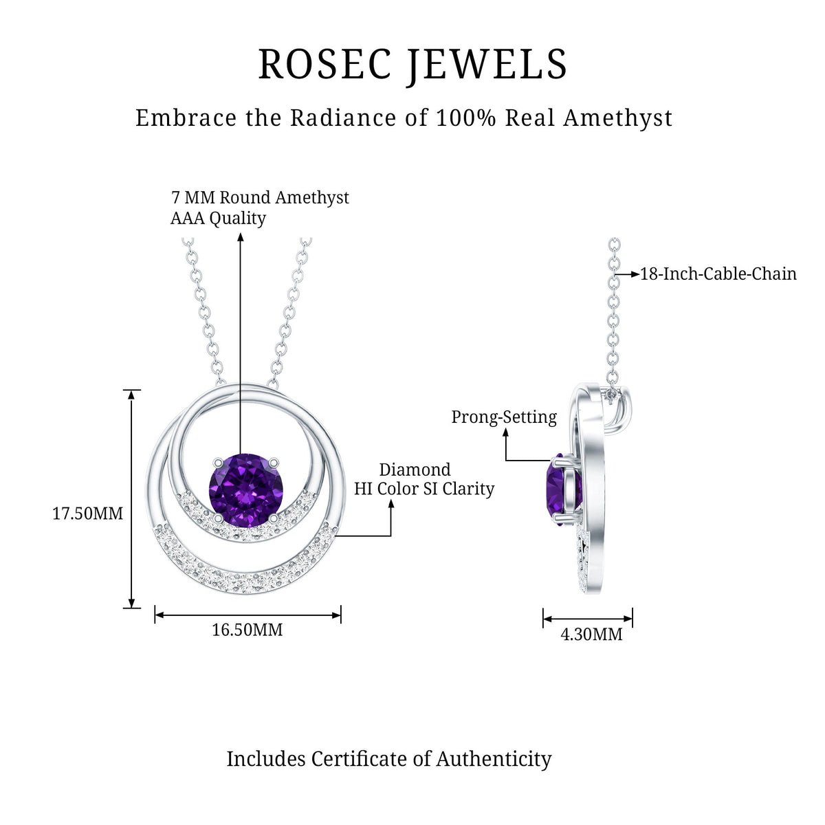 Natural 1.2 Carat Amethyst Eternity Necklace with Diamond