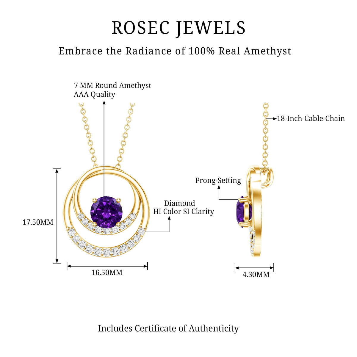 Natural 1.2 Carat Amethyst Eternity Necklace with Diamond