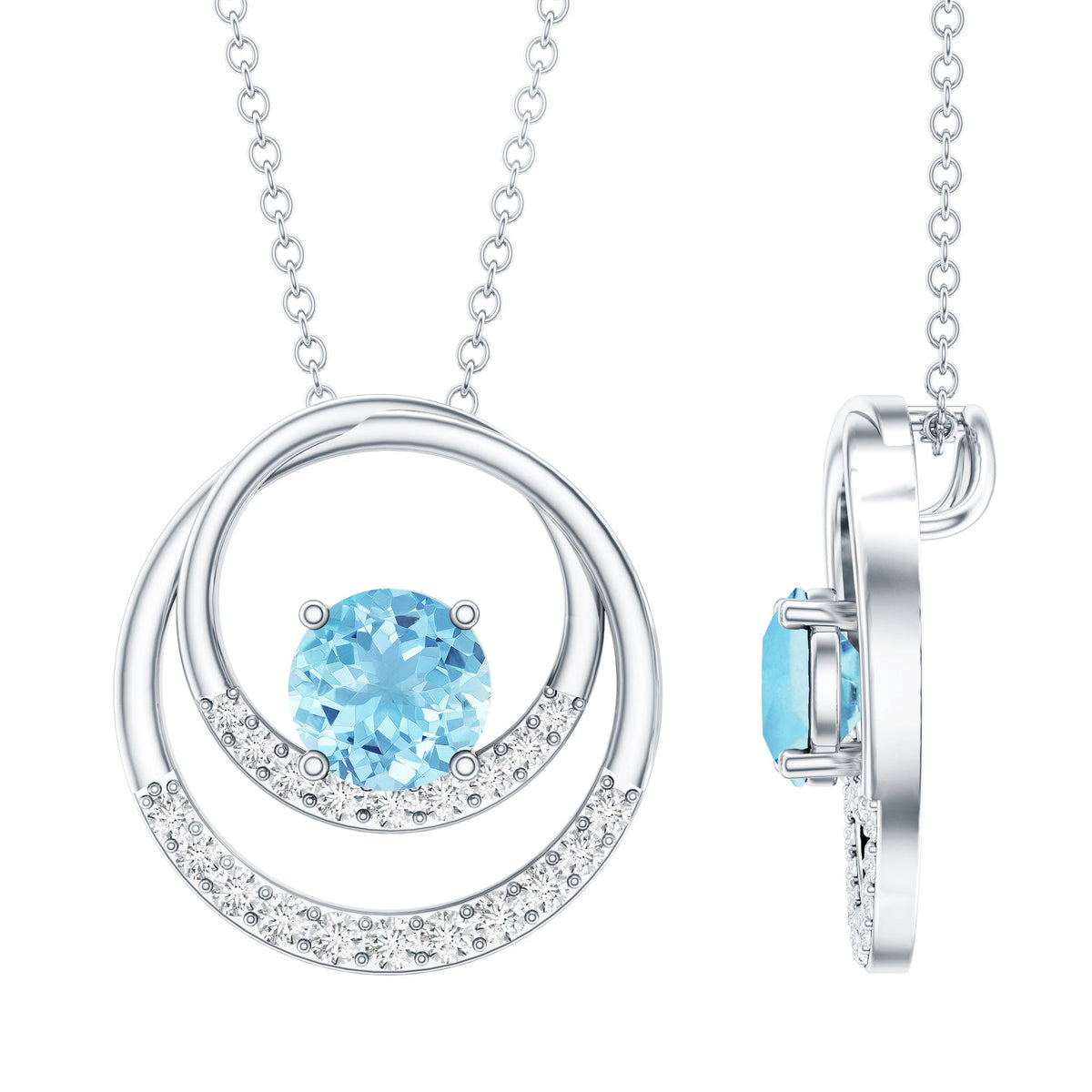 Natural Aquamarine Eternity Circle in Circle Necklace with Diamond