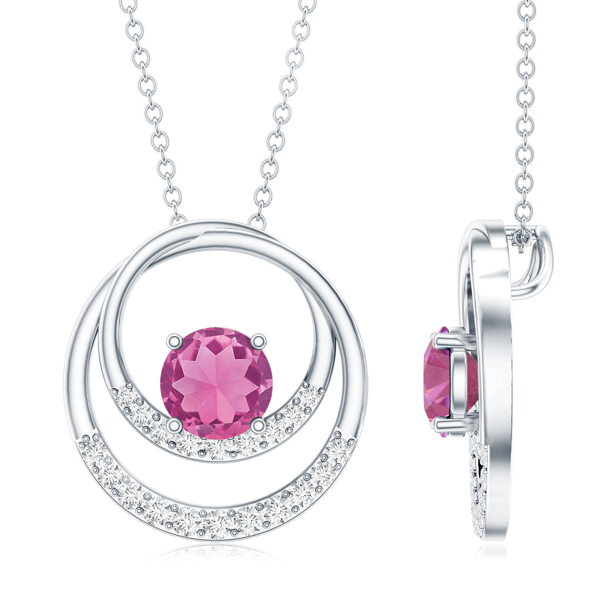 Real Pink Tourmaline and Diamond Open Circle Pendant