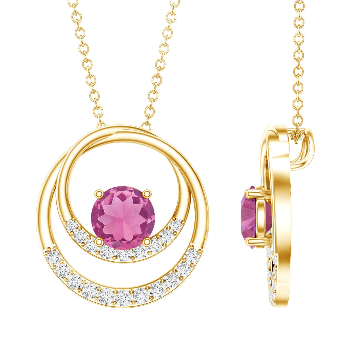 Real Pink Tourmaline and Diamond Open Circle Pendant