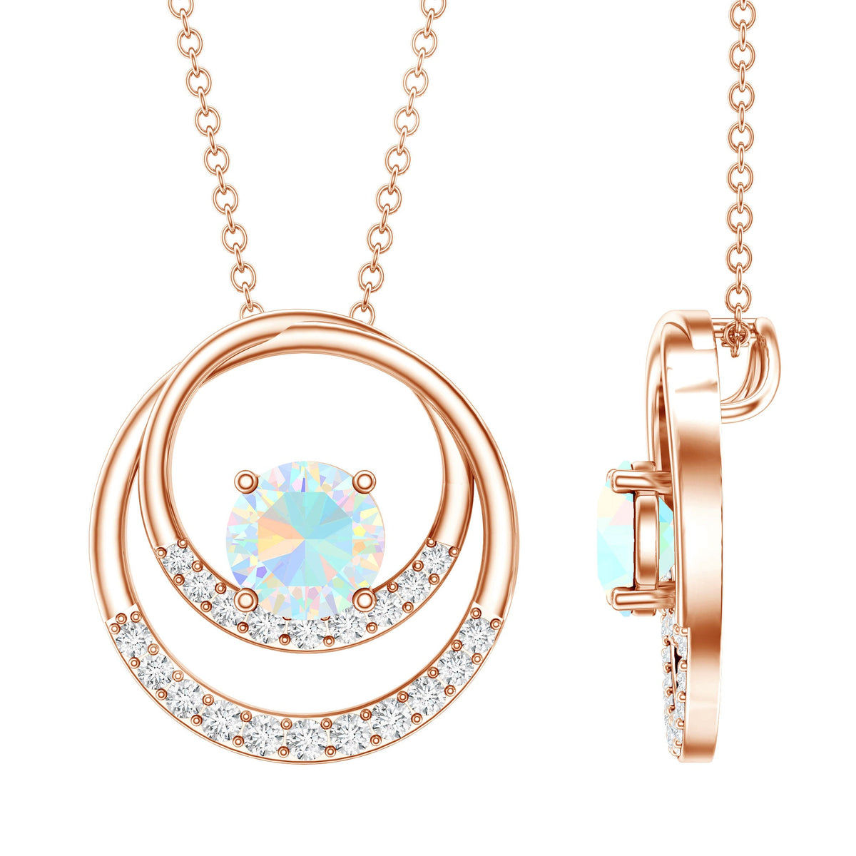 Natural Ethiopian Opal Double Circle Pendant Necklace with Diamond