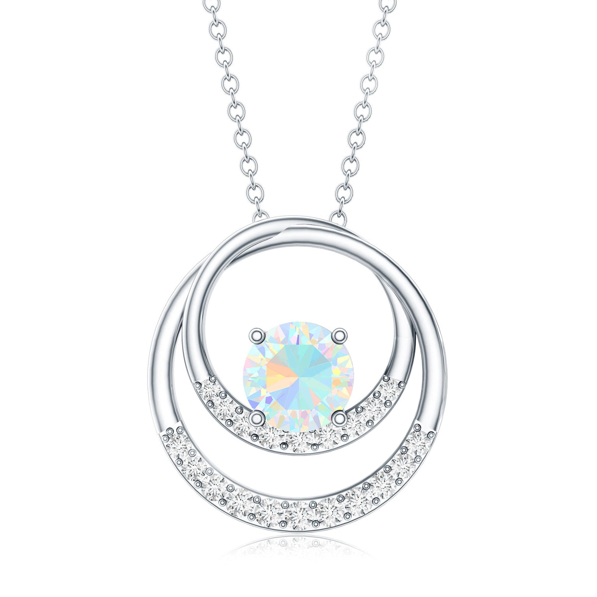 Natural Ethiopian Opal Double Circle Pendant Necklace with Diamond