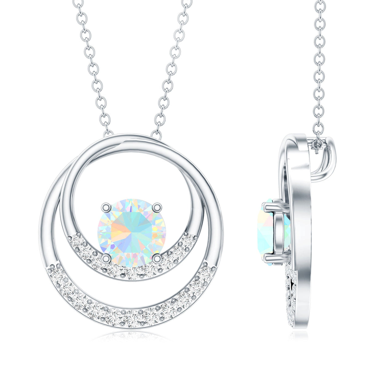 Natural Ethiopian Opal Double Circle Pendant Necklace with Diamond