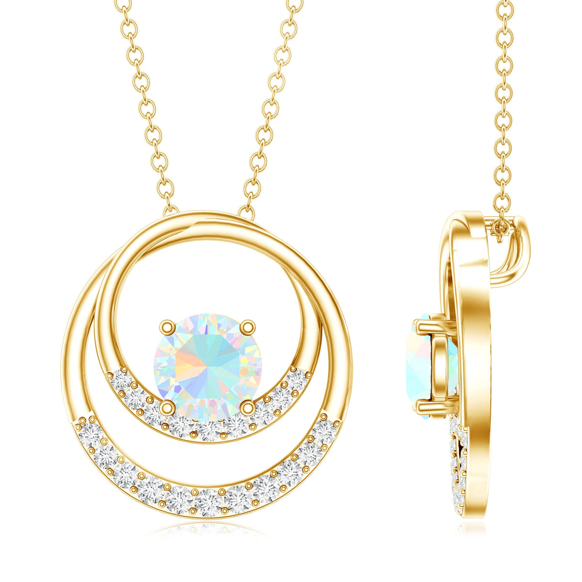 Natural Ethiopian Opal Double Circle Pendant Necklace with Diamond