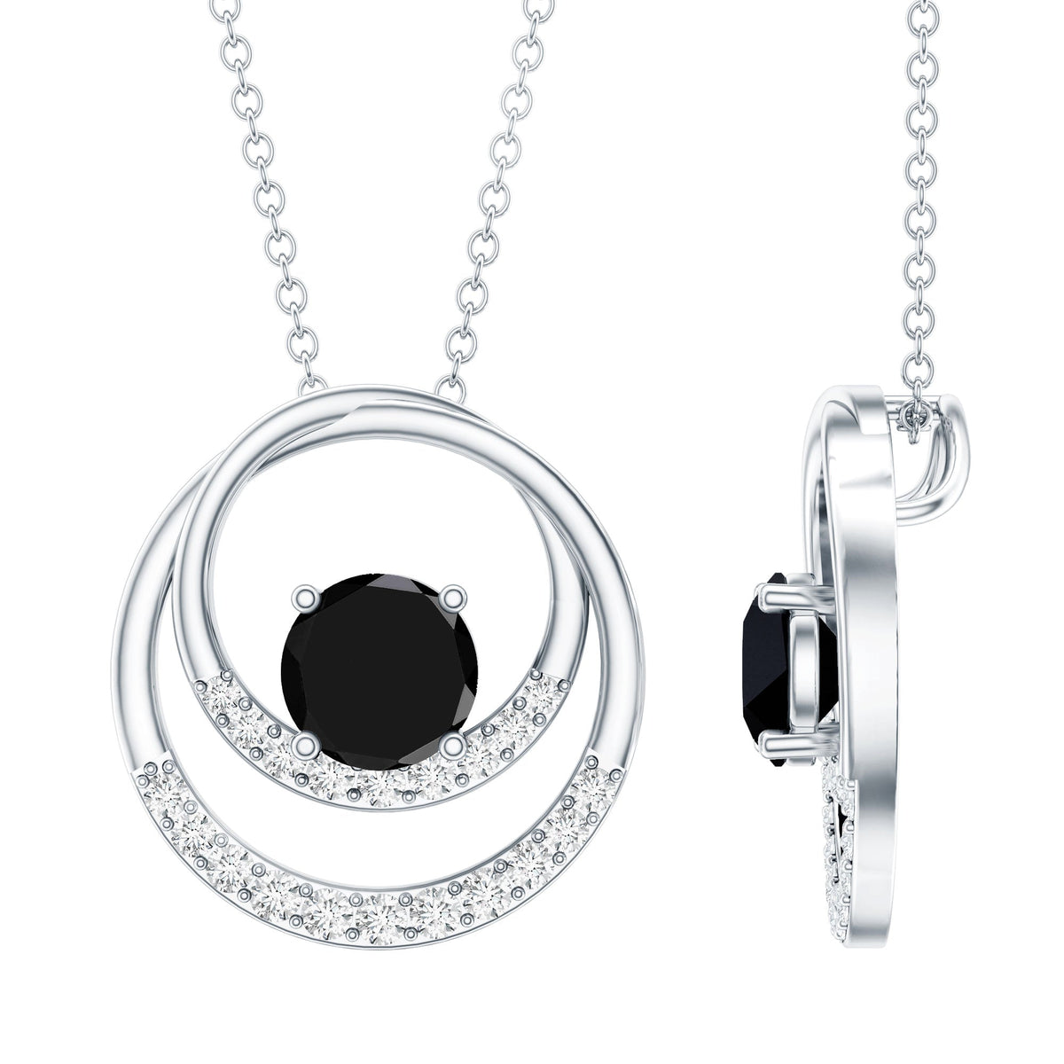 Natural 2.6 Carat Black Spinel Double Circle Necklace with Diamond