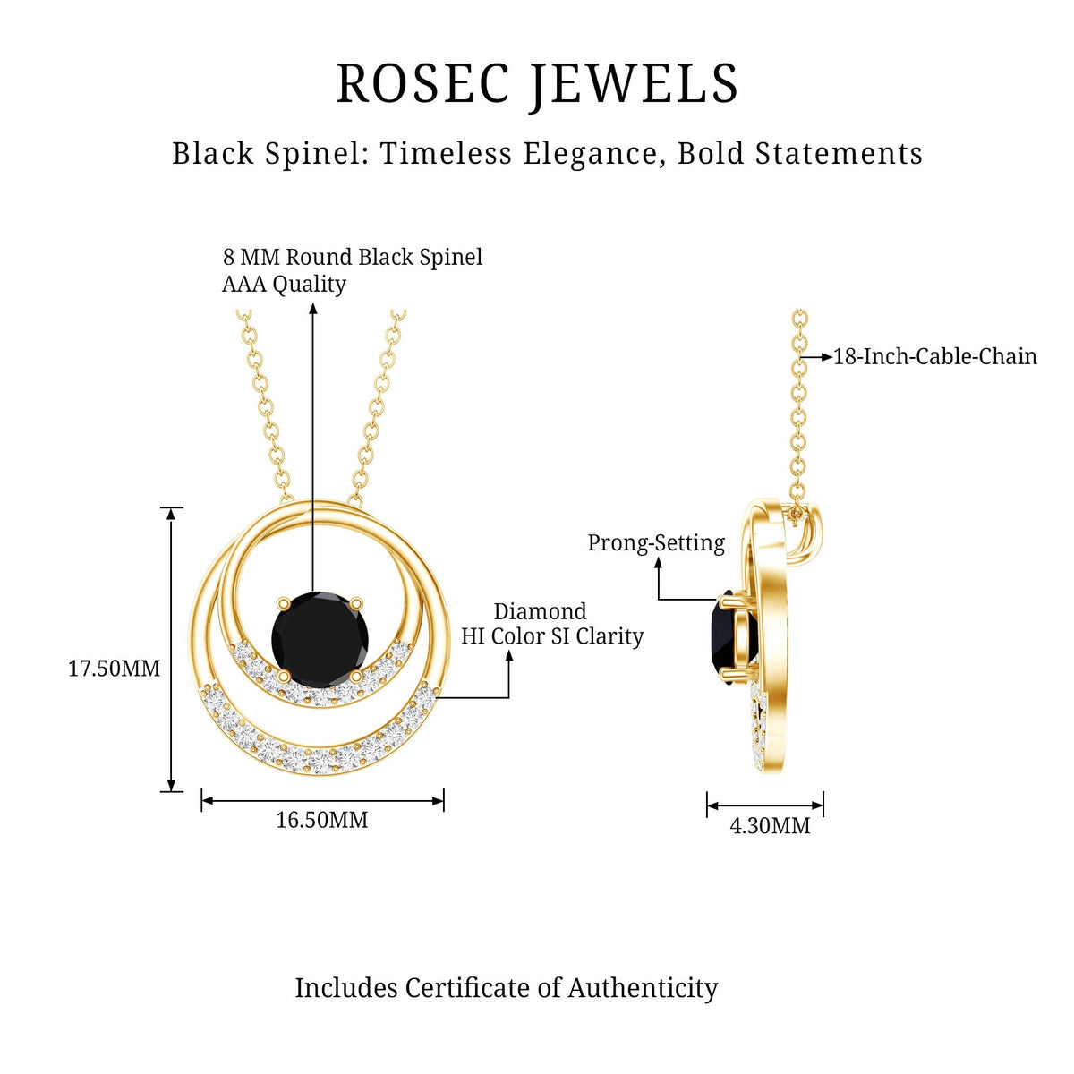 Natural 2.6 Carat Black Spinel Double Circle Necklace with Diamond