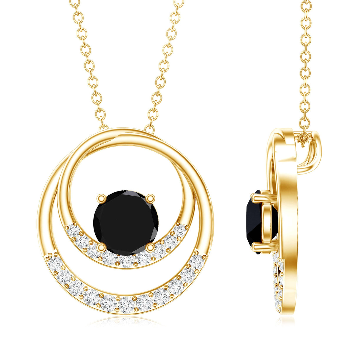 Natural 2.6 Carat Black Spinel Double Circle Necklace with Diamond