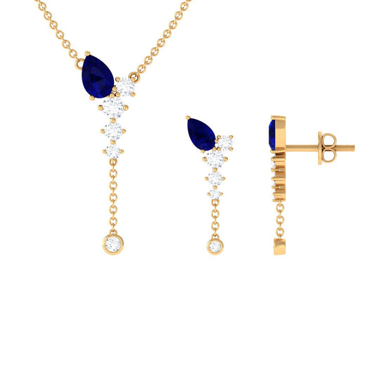Real Blue Sapphire Diamond Y Necklace and Earrings Set