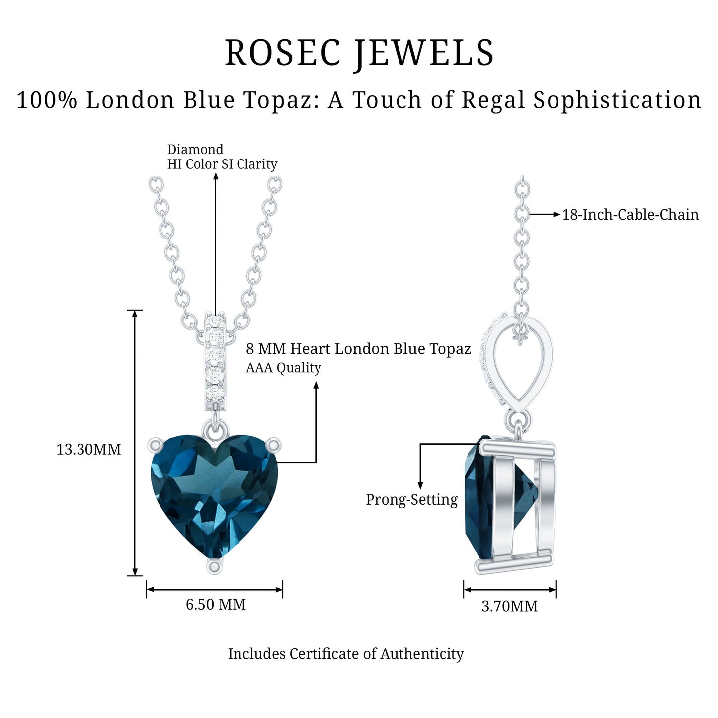 2 Carat Heart Shape London Blue Topaz Solitaire Pendant with Diamond Accent Bail