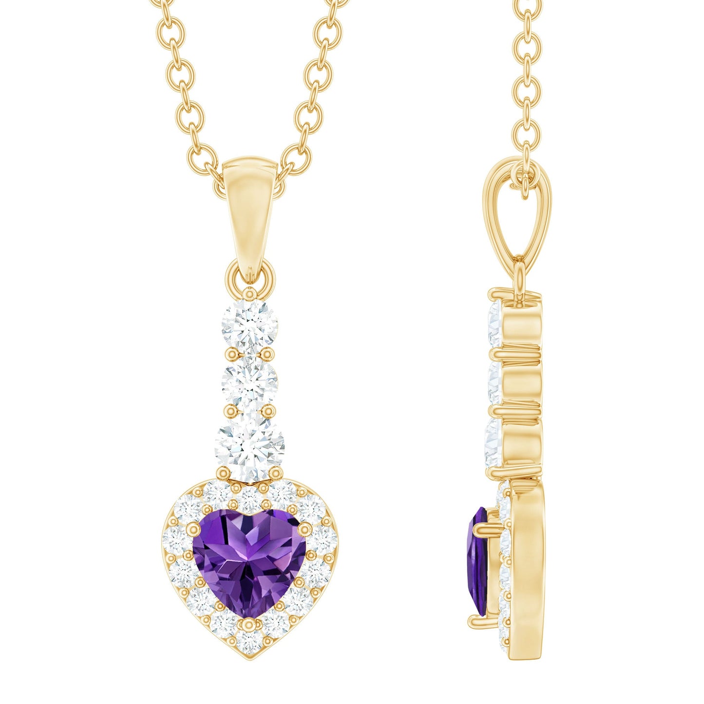 Natural Amethyst Heart Pendant Necklace with Diamond Halo