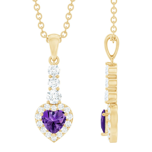 Natural Amethyst Heart Pendant Necklace with Diamond Halo