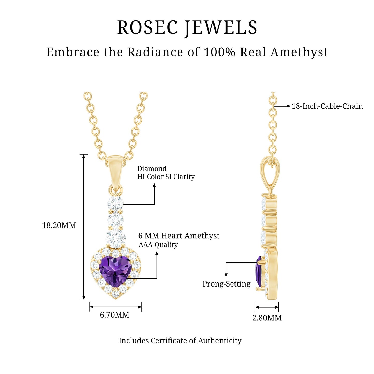 Natural Amethyst Heart Pendant Necklace with Diamond Halo