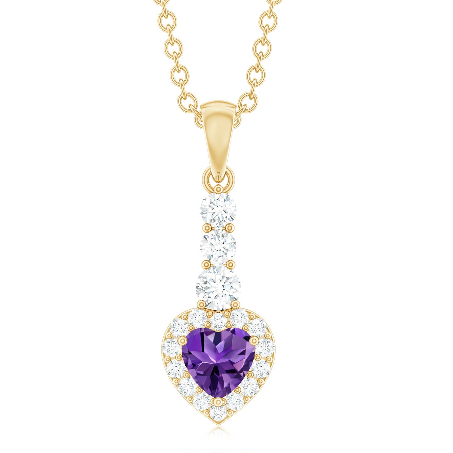 Natural Amethyst Heart Pendant Necklace with Diamond Halo