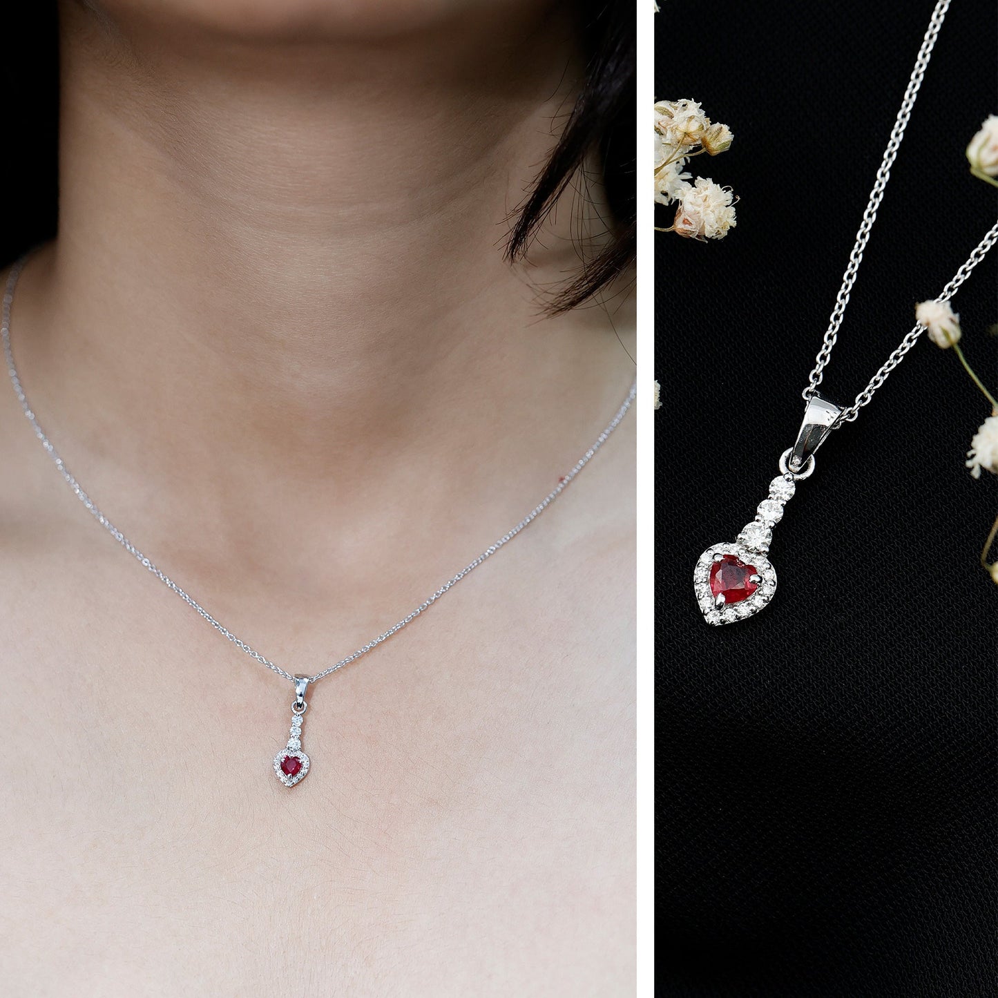 Natural Heart Shape Ruby and Diamond Drop Pendant Necklace