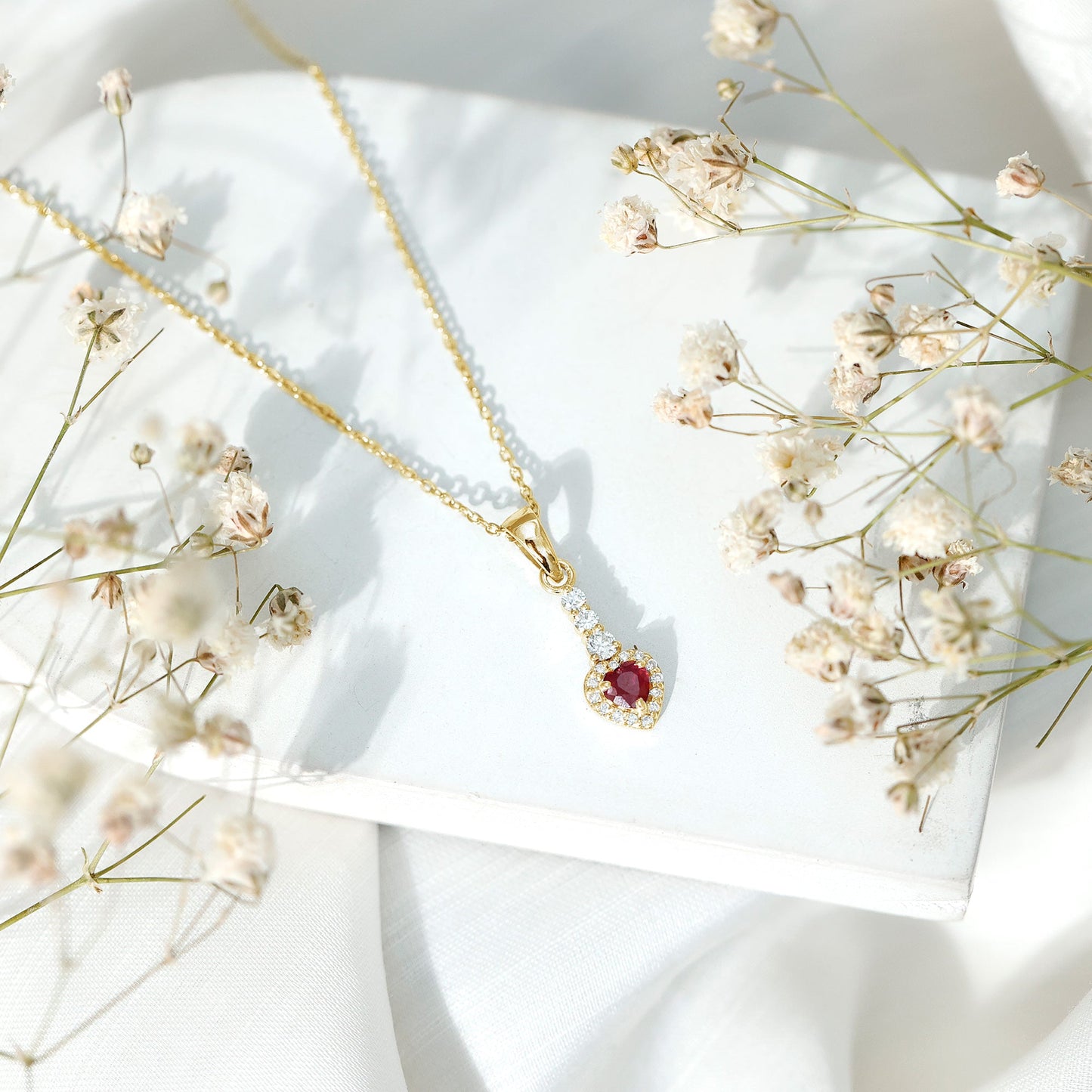 Natural Heart Shape Ruby and Diamond Drop Pendant Necklace