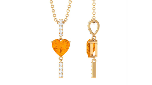 Heart Shape Fire Opal and Diamond Bar Dangle Pendant