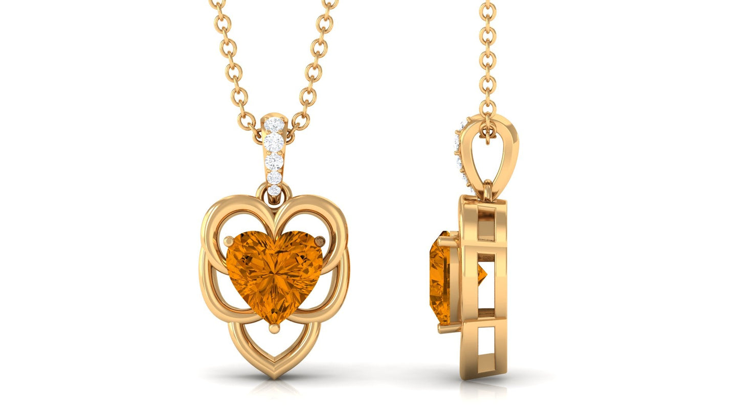 Natural 2 Carat Heart Shaped Citrine Pendant Necklace with Diamond