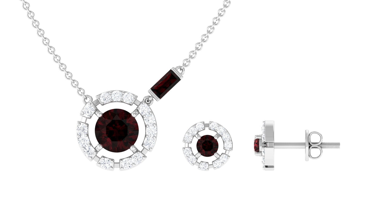 Natural Garnet and Diamond Halo Necklace and Earrings Set