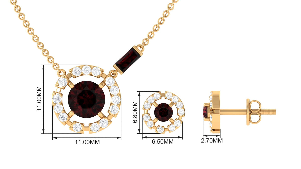 Natural Garnet and Diamond Halo Necklace and Earrings Set