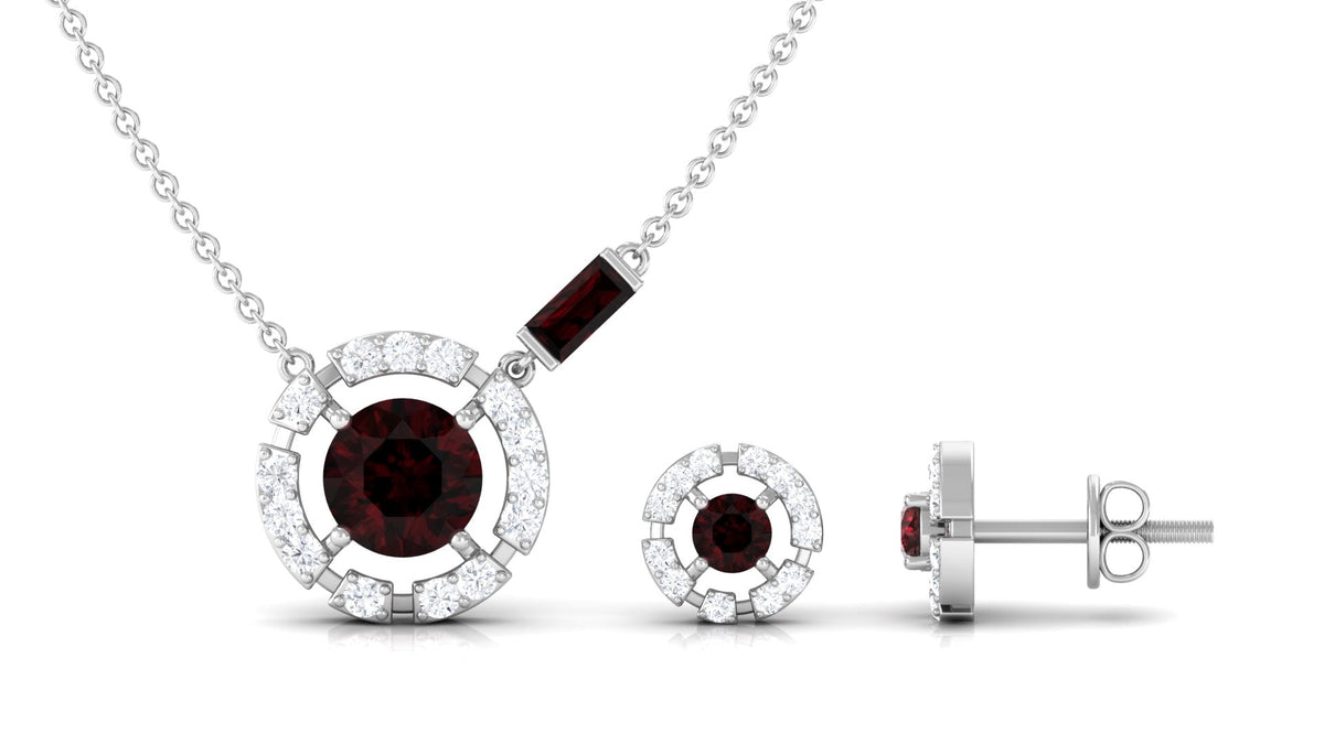 Natural Garnet and Diamond Halo Necklace and Earrings Set