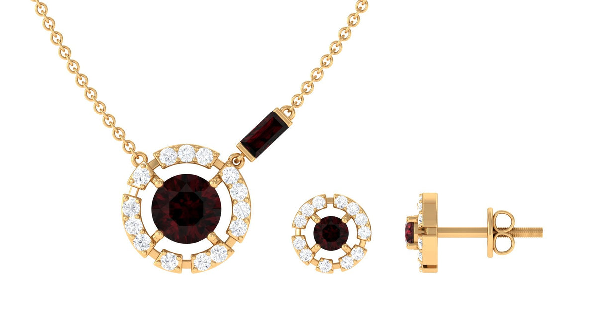 Natural Garnet and Diamond Halo Necklace and Earrings Set