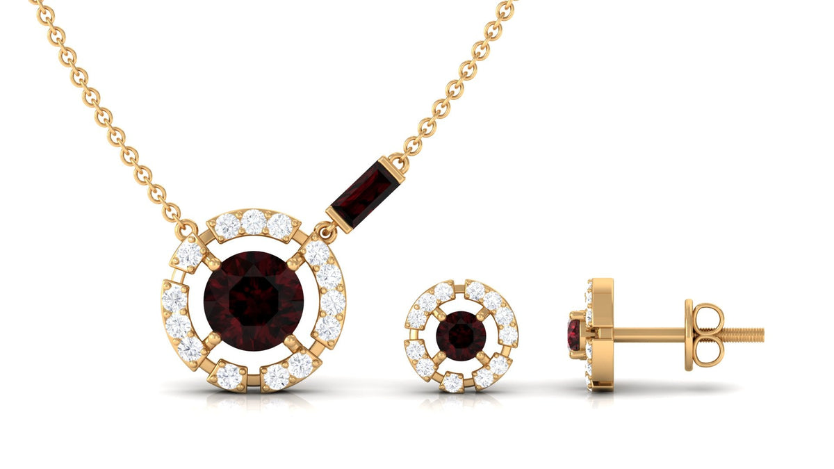 Natural Garnet and Diamond Halo Necklace and Earrings Set