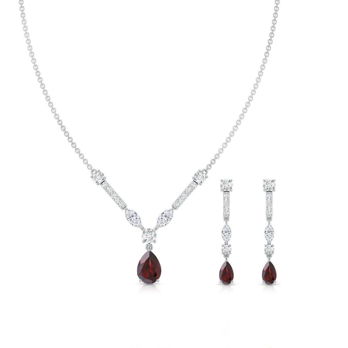 Garnet Drop & Dangle Necklace and Earrings Set with Moissanite
