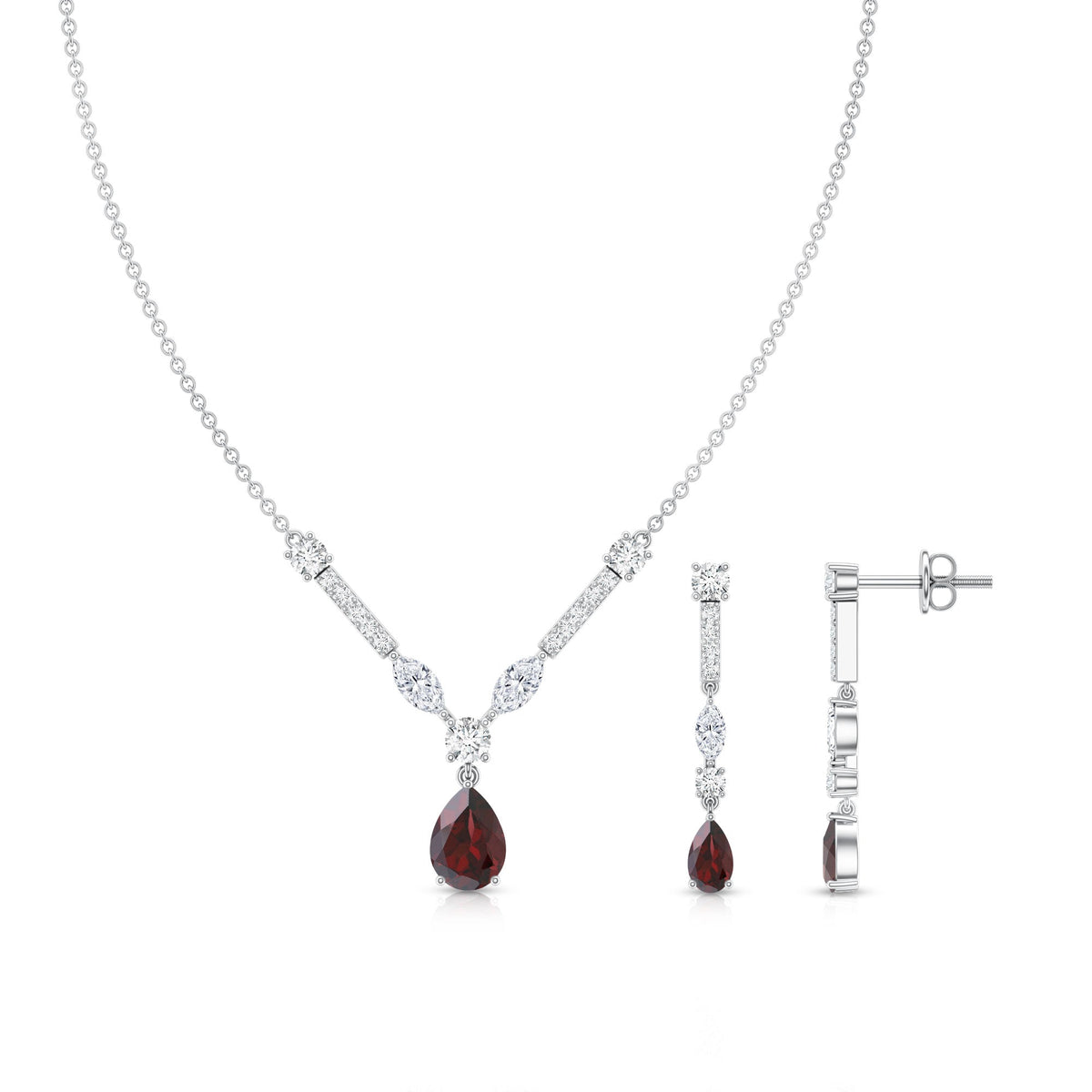 Garnet Drop & Dangle Necklace and Earrings Set with Moissanite