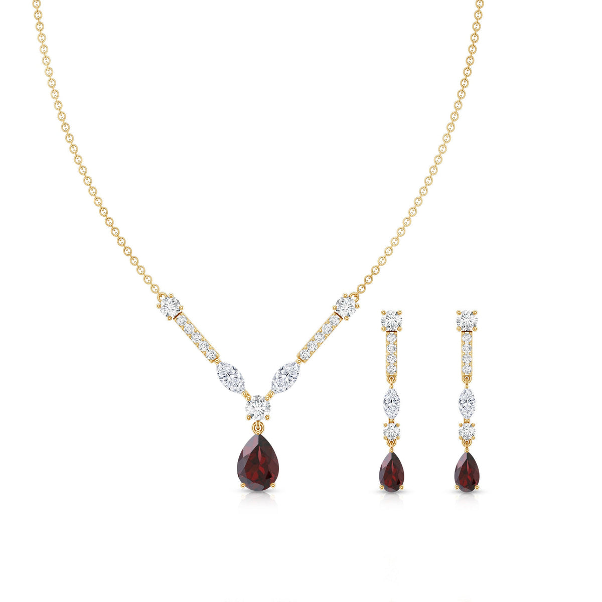 Garnet Drop & Dangle Necklace and Earrings Set with Moissanite