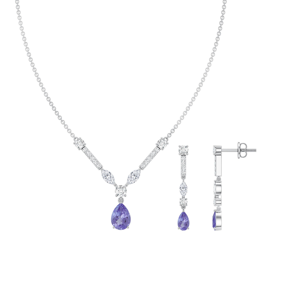 Tanzanite and Moissanite Drop Necklace Earrings Set