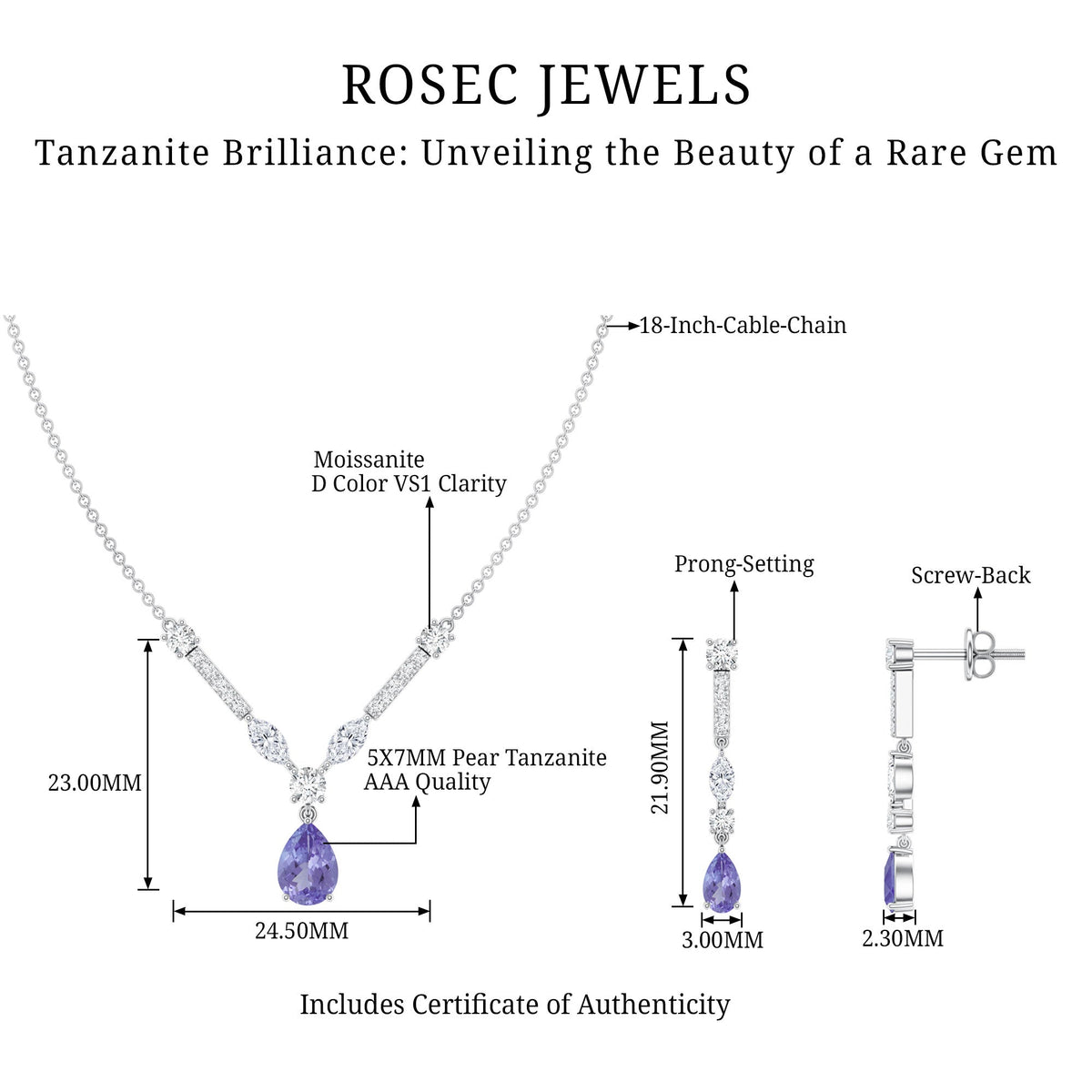 Tanzanite and Moissanite Drop Necklace Earrings Set