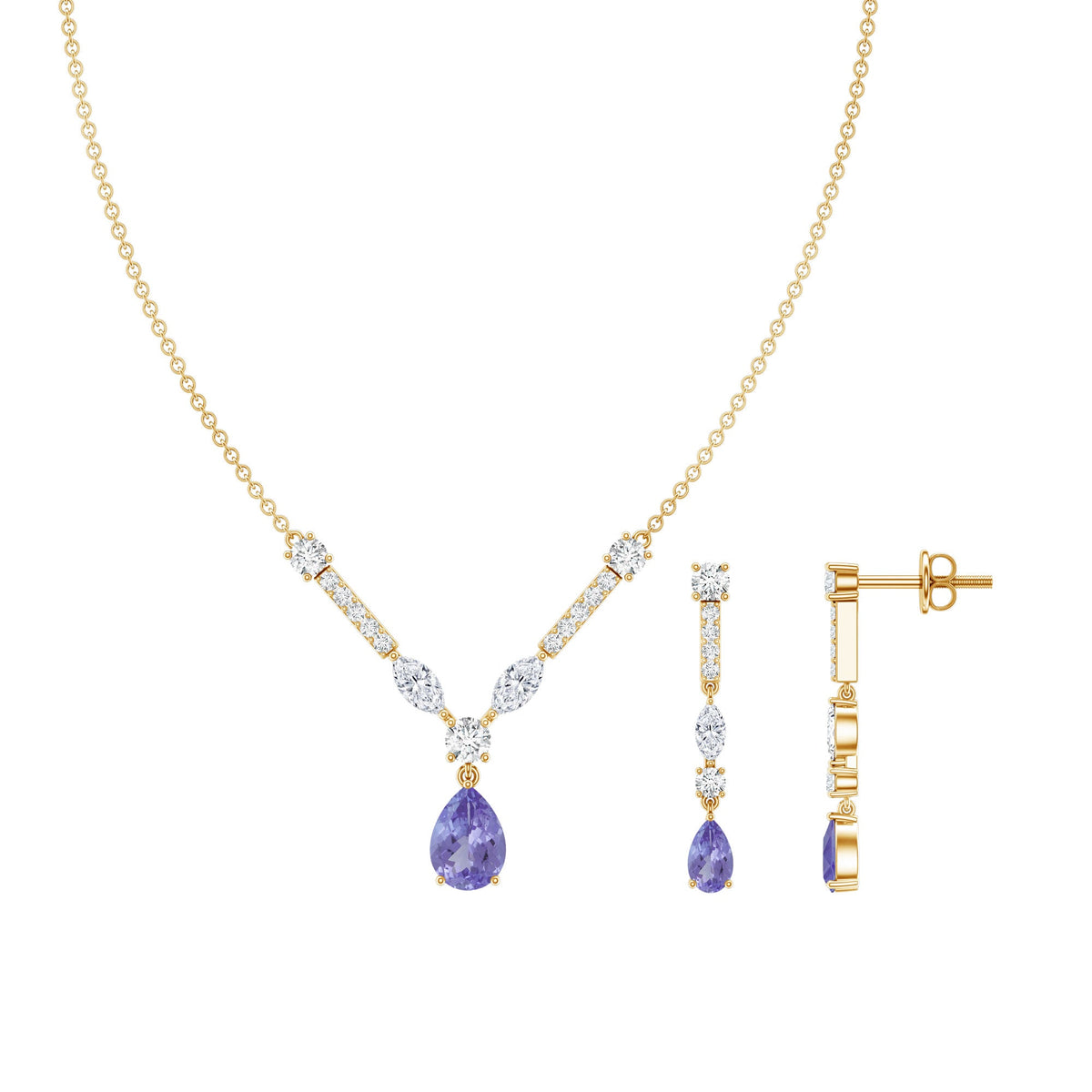 Tanzanite and Moissanite Drop Necklace Earrings Set