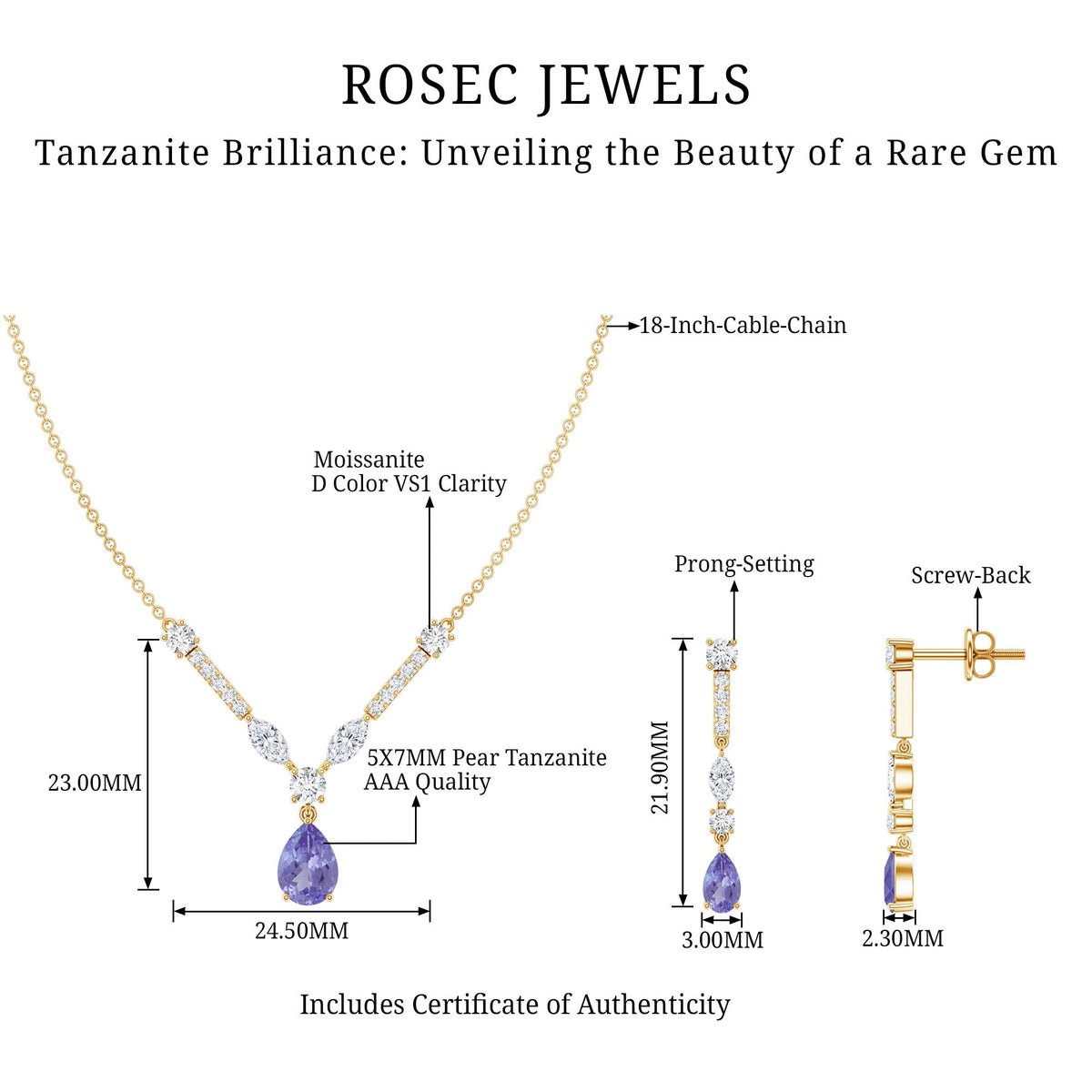 Tanzanite and Moissanite Drop Necklace Earrings Set
