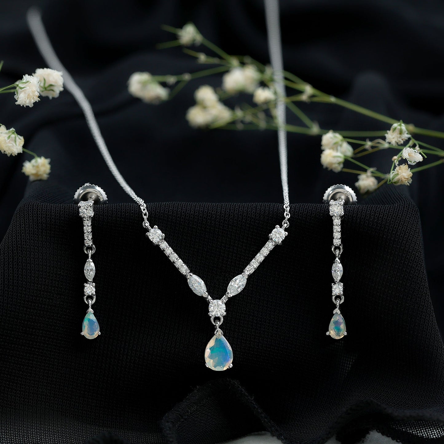 Natural Ethiopian Opal and Moissanite Teardrop Jewelry Set