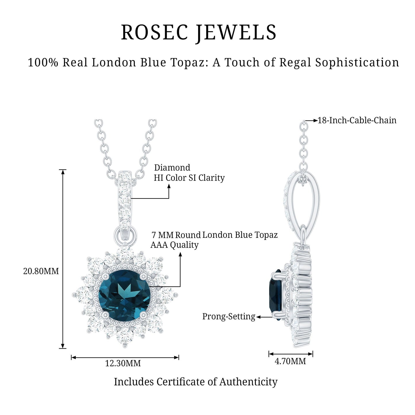 1.3 Carat Round London Blue Topaz Halo Pendant with Diamonds