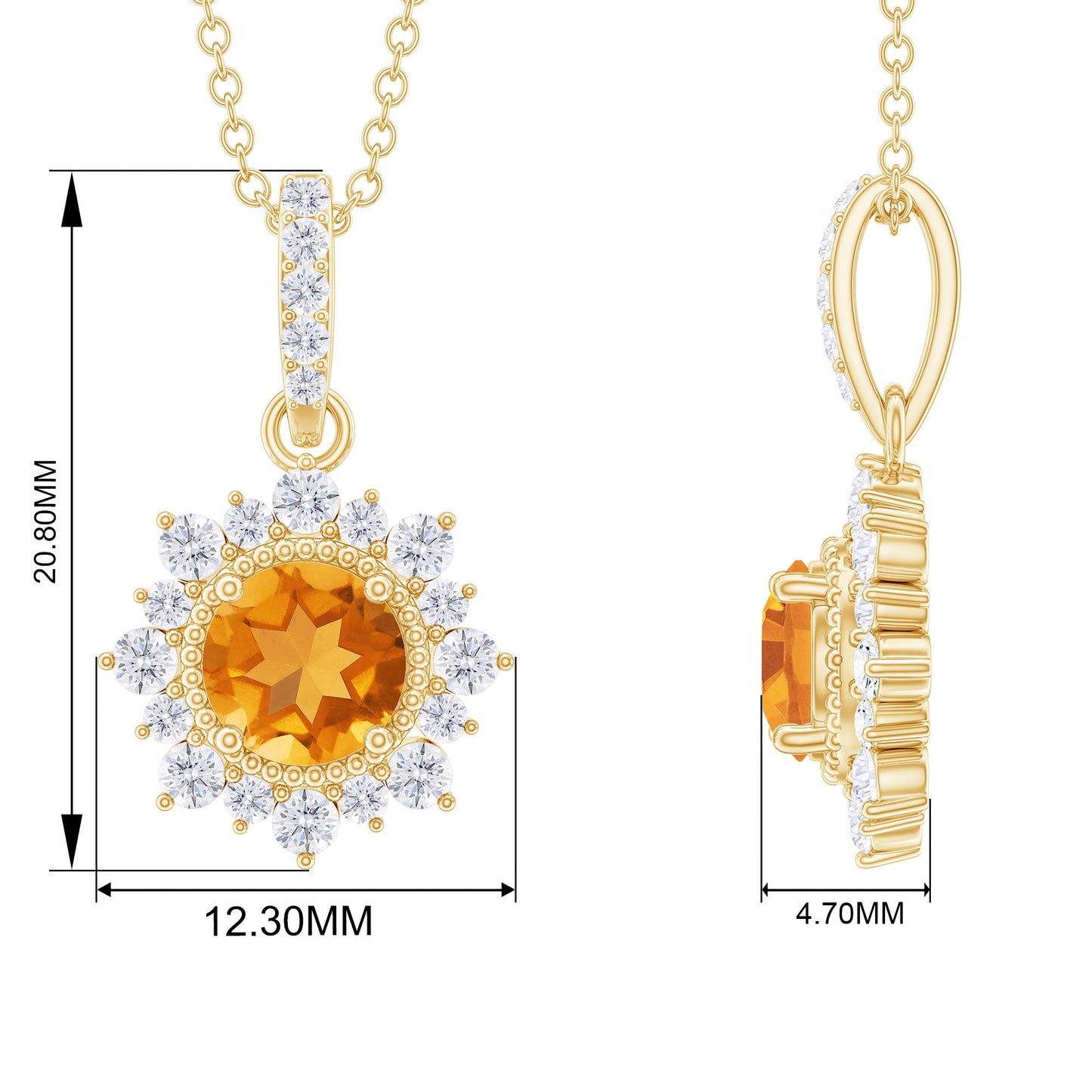Natural 1.2 Carat Citrine Pendant Necklace with Diamond Halo