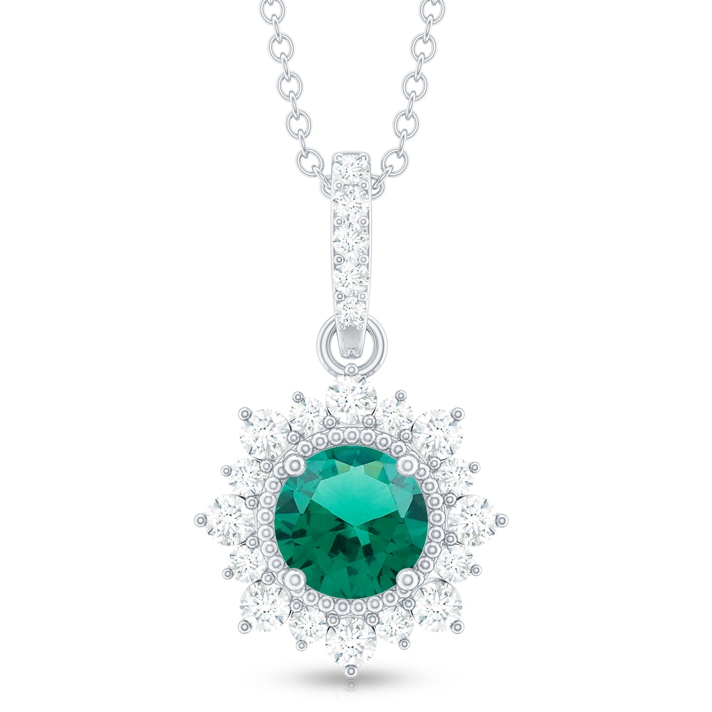 0.8 Carat Round Lab Created Emerald Halo Pendant with Diamonds