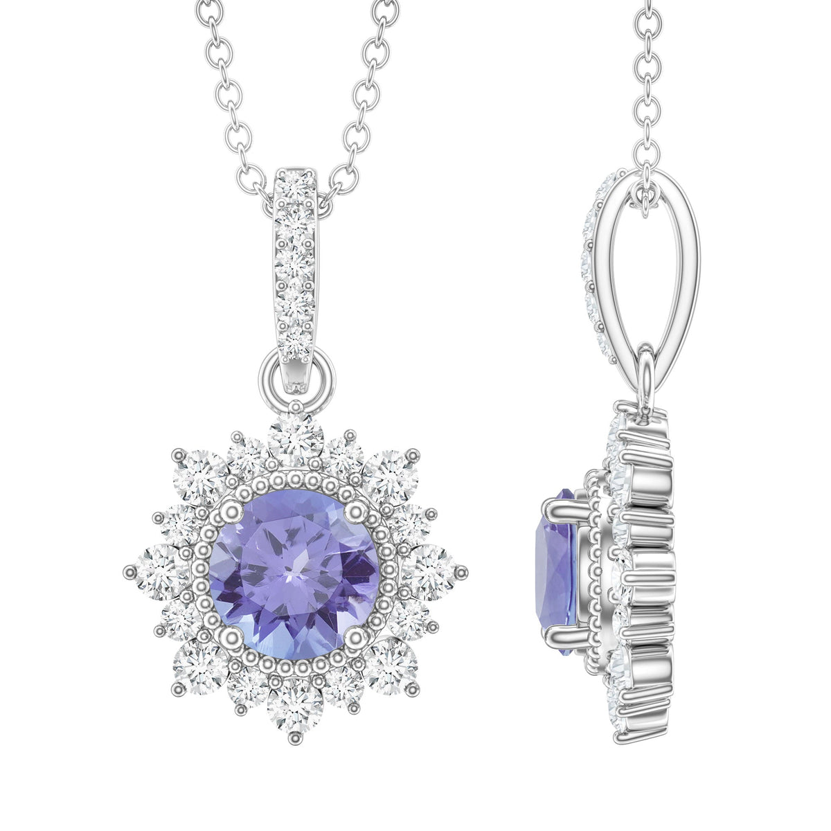 Round Tanzanite Bridal Necklace with Diamond Accent Bail