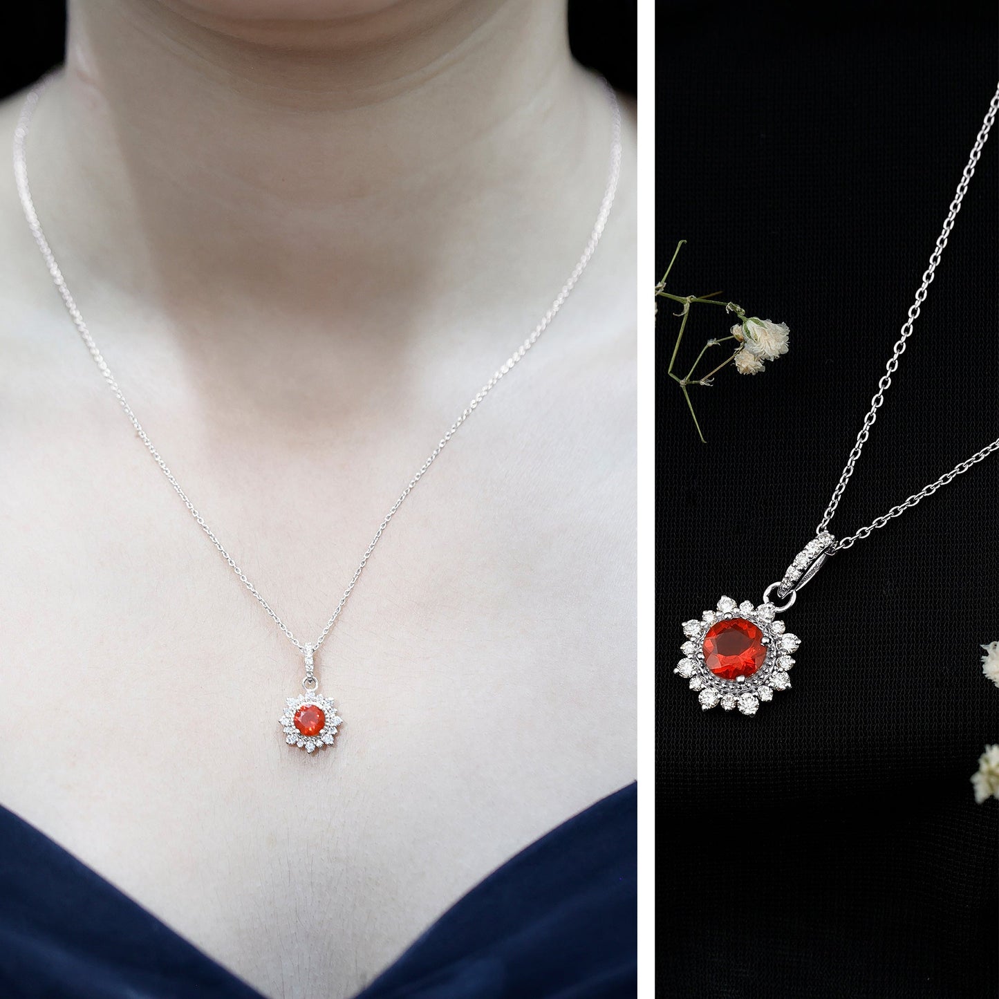 Round Fire Opal and Diamond Halo Pendant Necklace