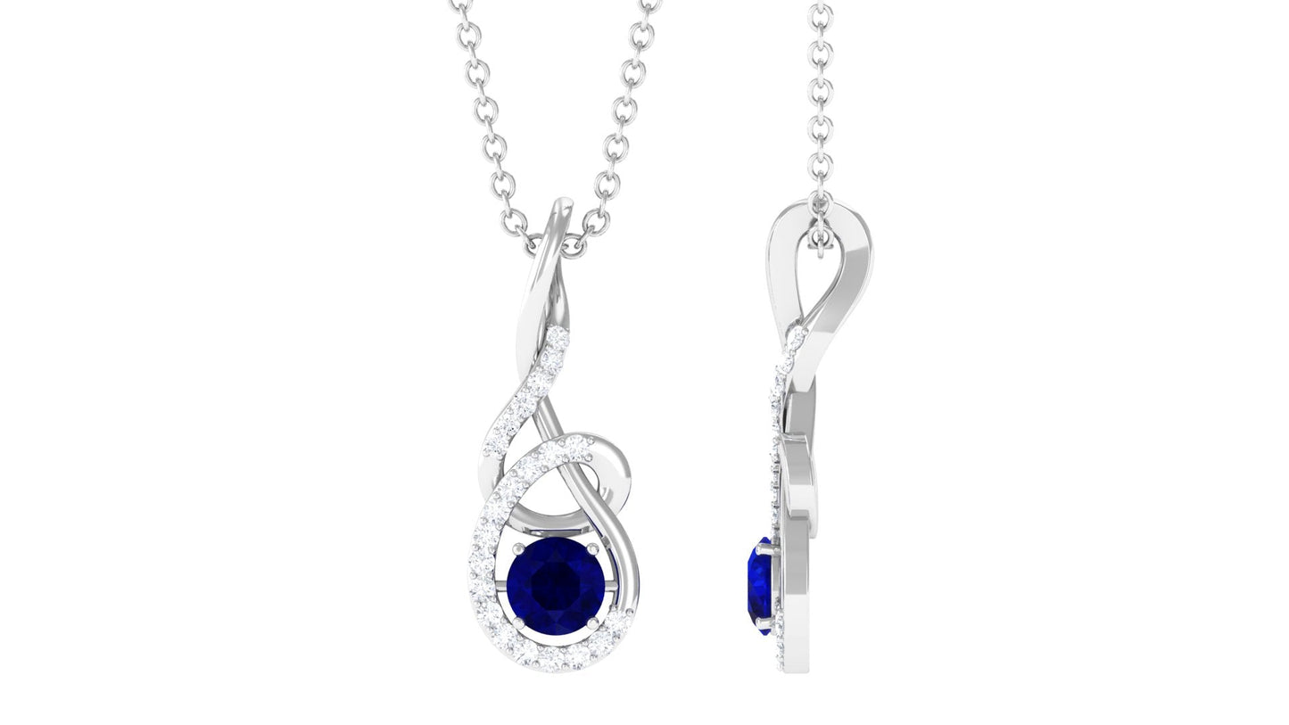 Real 0.9 Carat Blue Sapphire Twisted Pendant Necklace with Diamond