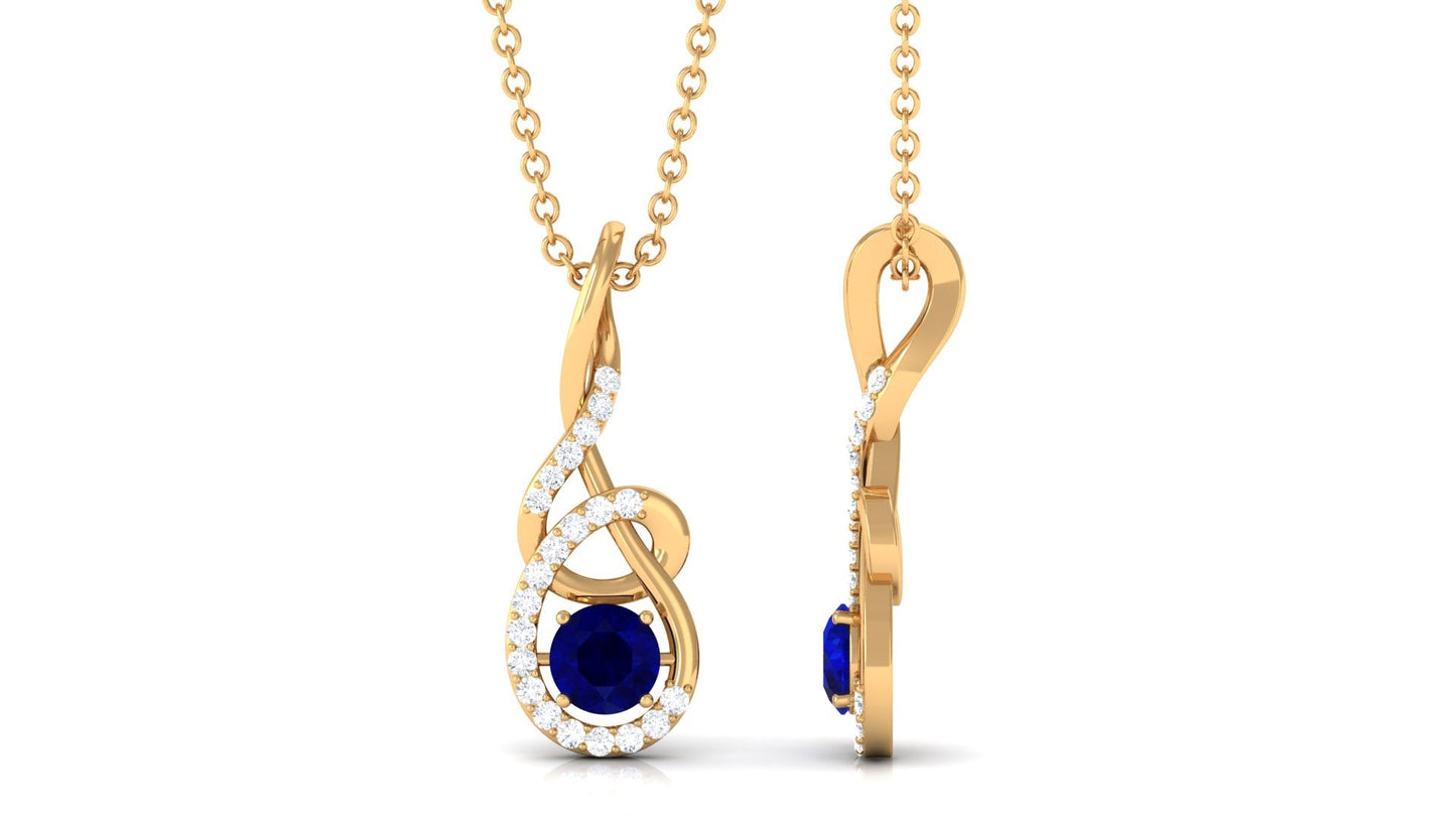 Real 0.9 Carat Blue Sapphire Twisted Pendant Necklace with Diamond