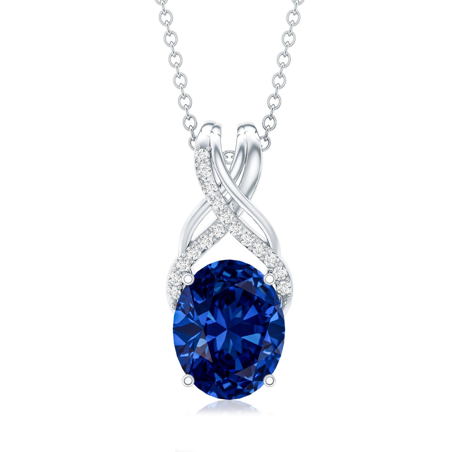 4 Carat Oval Lab Created Blue Sapphire Necklace with Diamond Twisted Bail