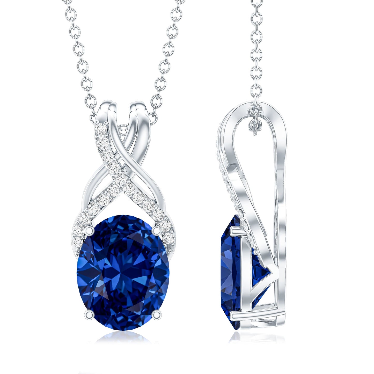 4 Carat Oval Lab Created Blue Sapphire Necklace with Diamond Twisted Bail