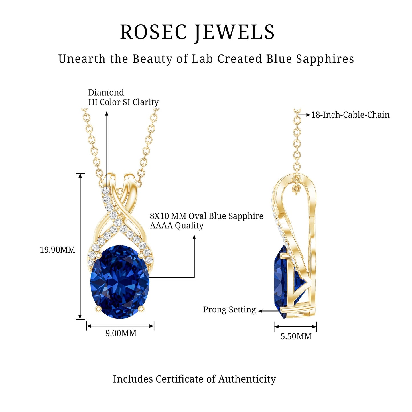 4 Carat Oval Lab Created Blue Sapphire Necklace with Diamond Twisted Bail