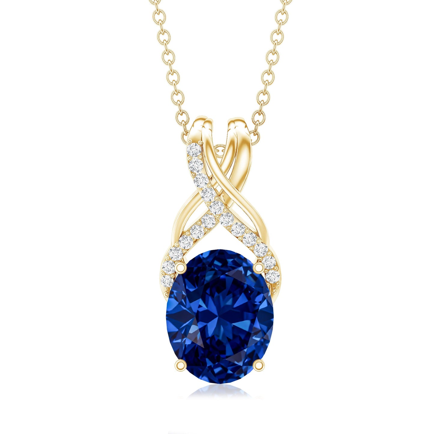 4 Carat Oval Lab Created Blue Sapphire Necklace with Diamond Twisted Bail
