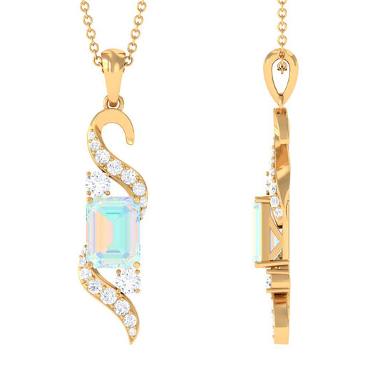 Contemporary 2 Carat Emerald Cut Ethiopian Opal Pendant Necklace with Diamond