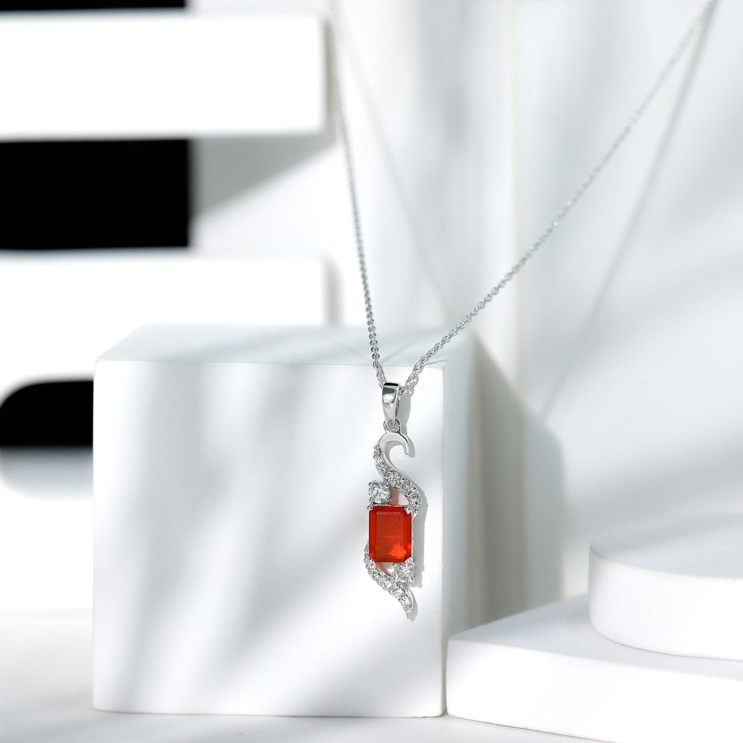 1 Carat Emerald Cut Fire Opal Designer Pendant with Diamond
