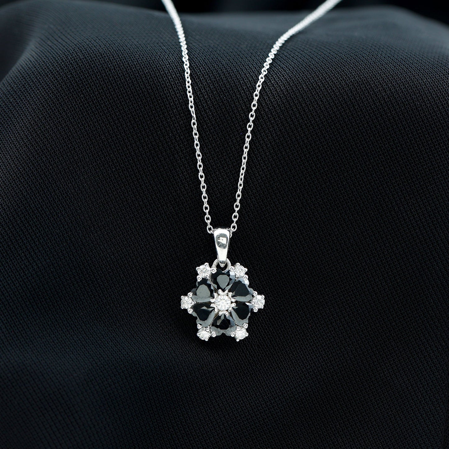 Natural Heart Shape Black Spinel Flower Pendant Necklace with Diamond